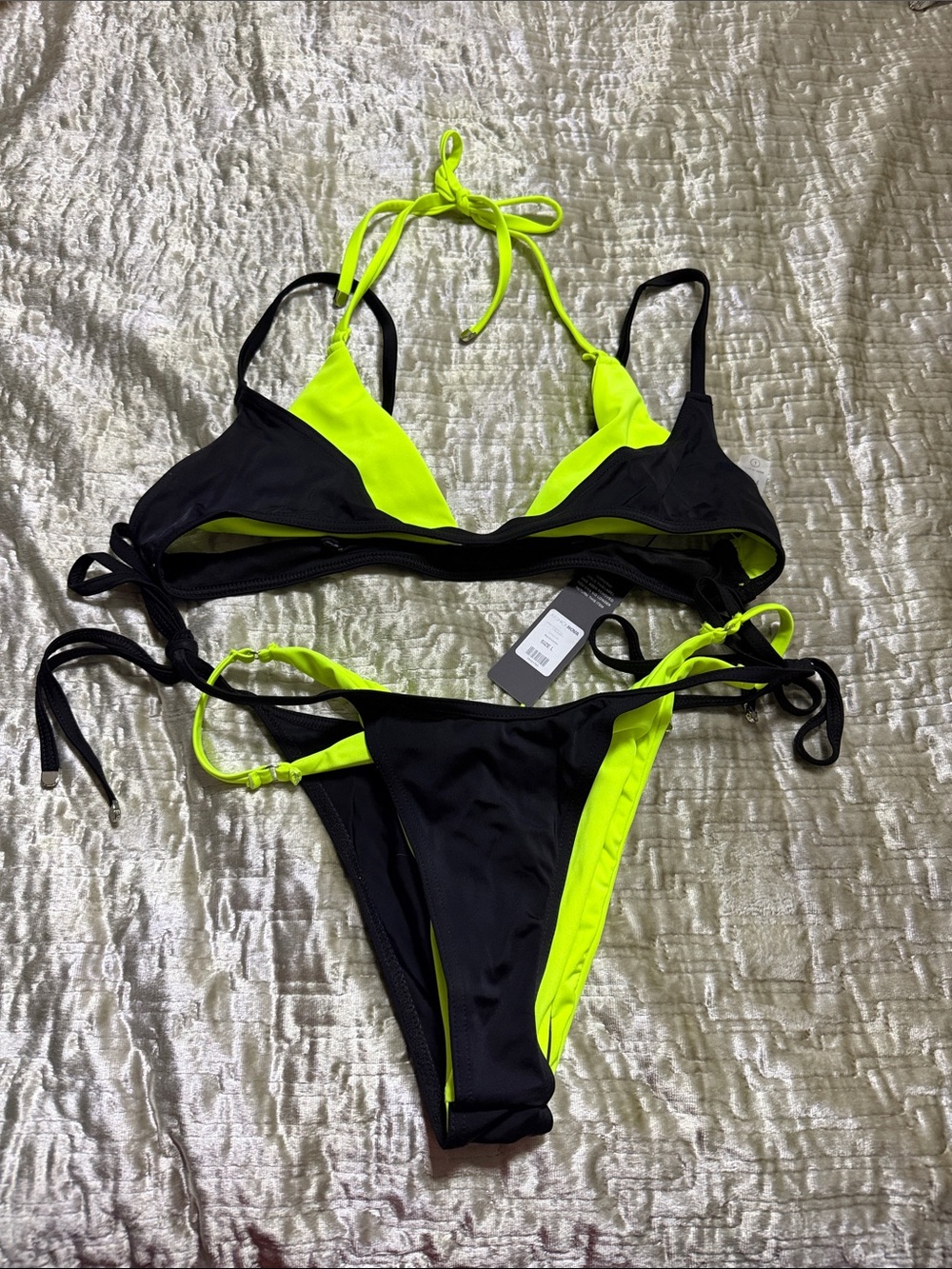 Black & Neon Yellow/green Triangle Bikini Set - Women Swim